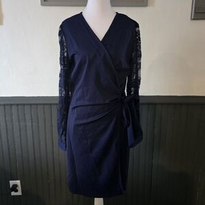 Cuptacc Navy Lace Sleeve Wrap Dress Size XL NWT Elegant Cocktail